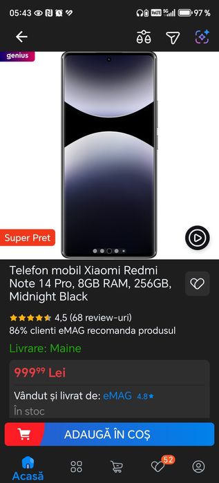 Telefon mobil Xiaomi Redmi Note 14 Pro, 8GB RAM, 256GB, Midnight Blac