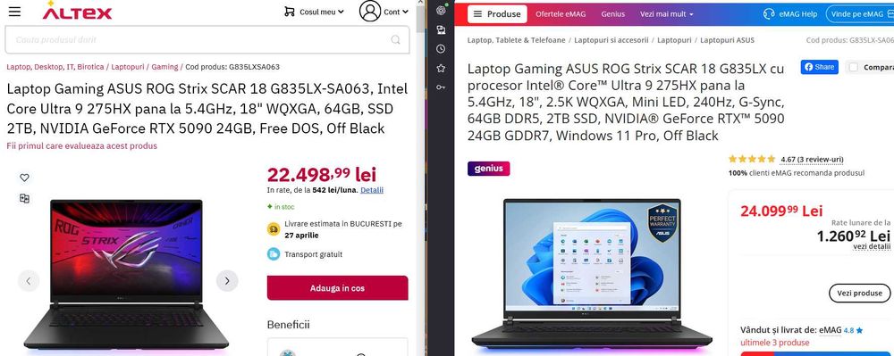 NOU-ASUS ROG SCAR G18,RTX 5090,Intel Ultra 9, 64GB, 2TB, garanție 3 ani