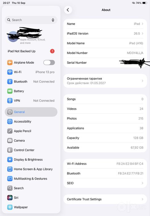 Apple ipad a16 128gb в идеальном состоянии