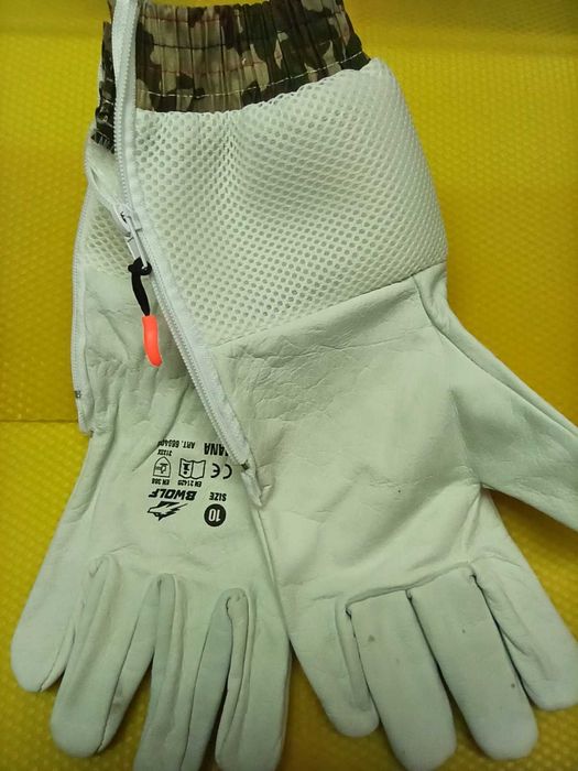 Пчеларски ръкавици естествена кожа с ръкавели с цип-пчеларско облекло