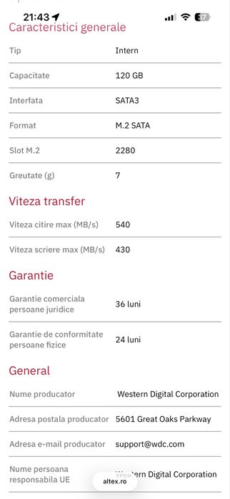 SSD M2 WD 120 GB
