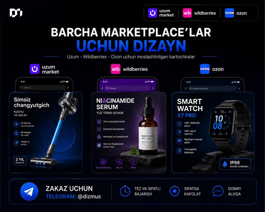 Дизайн карточек для Uzum, Wildberries, Ozon