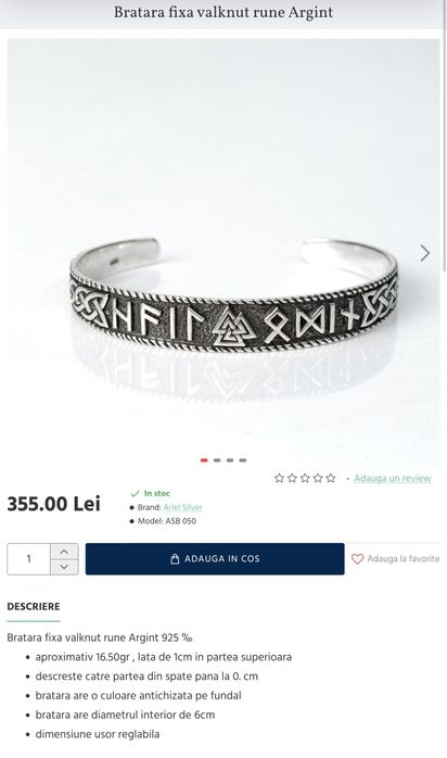 Bratara fixa reglabila argint Valknut rune futhark odin