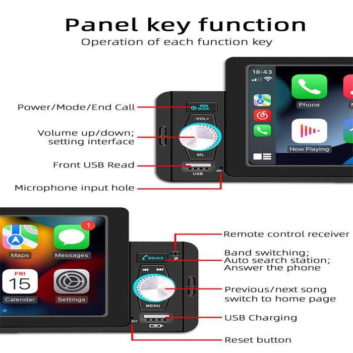 Медия за кола, Дисплей 5инча, 1Din, CarPlay & Android Auto,Камера
