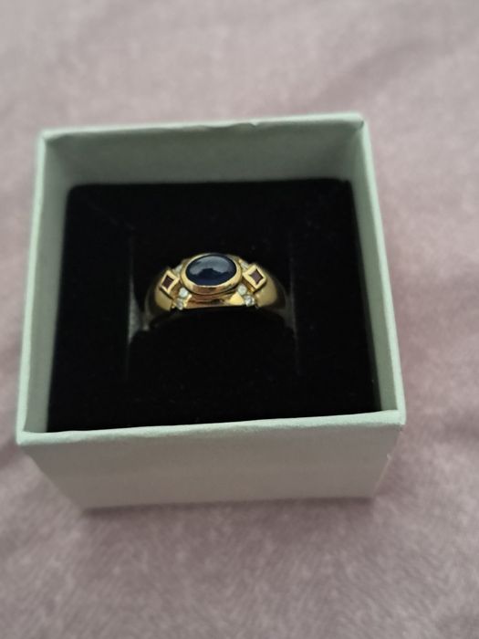 Inel 14 k Safir albastru+Diamante naturale+ Rubin