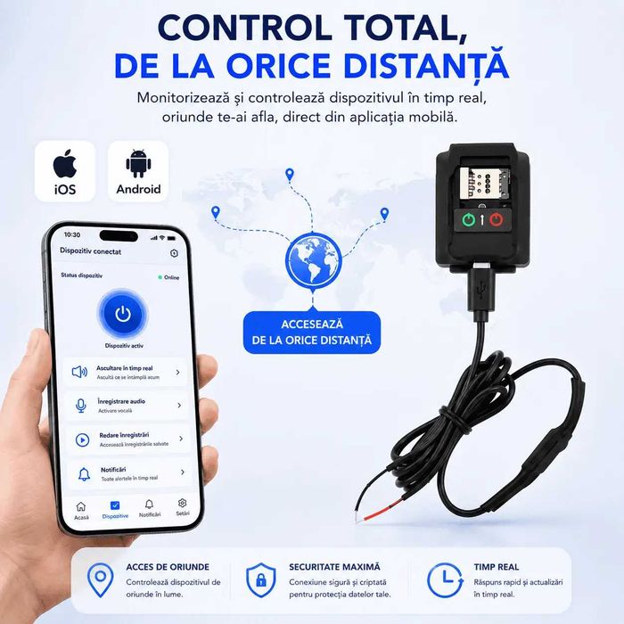 Microfon Spion pentru autovehicule – Alimentare 12V cu Localizare GPS si Control Prin SMS sau Aplicatie SMT SECURITY