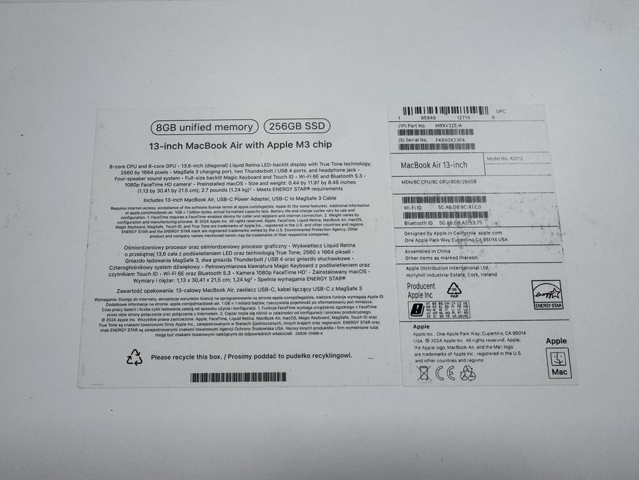 Macbook Air 13,6" M3 256GB Midnight 2 години Гаранция