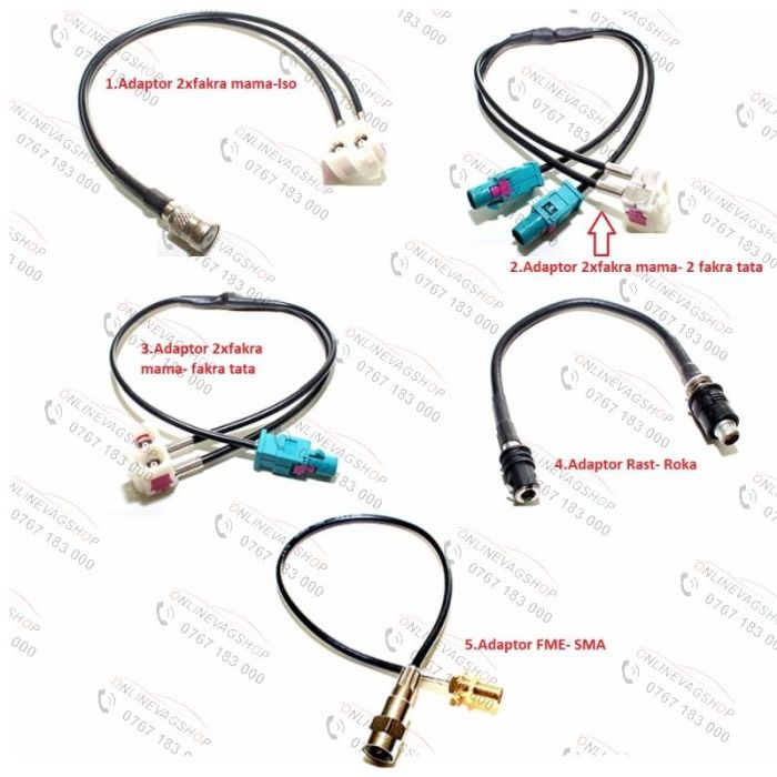 Adaptor antena conector 2FAKRA,RAST, ISO,ROKA,FME, SMA