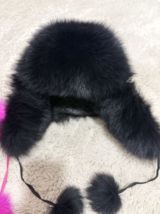 Шапка ушанка  естествена кожа  черна и розова