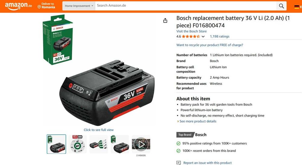 Acumulator Bosch 36 V Li (2,0 Ah) (1 bucată) F016800474