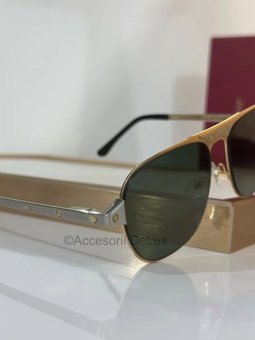Ochelari de Soare Cartier Aviator CT0532S Full Box Santos De Cartier [Verificare Colet] Gold/Silver