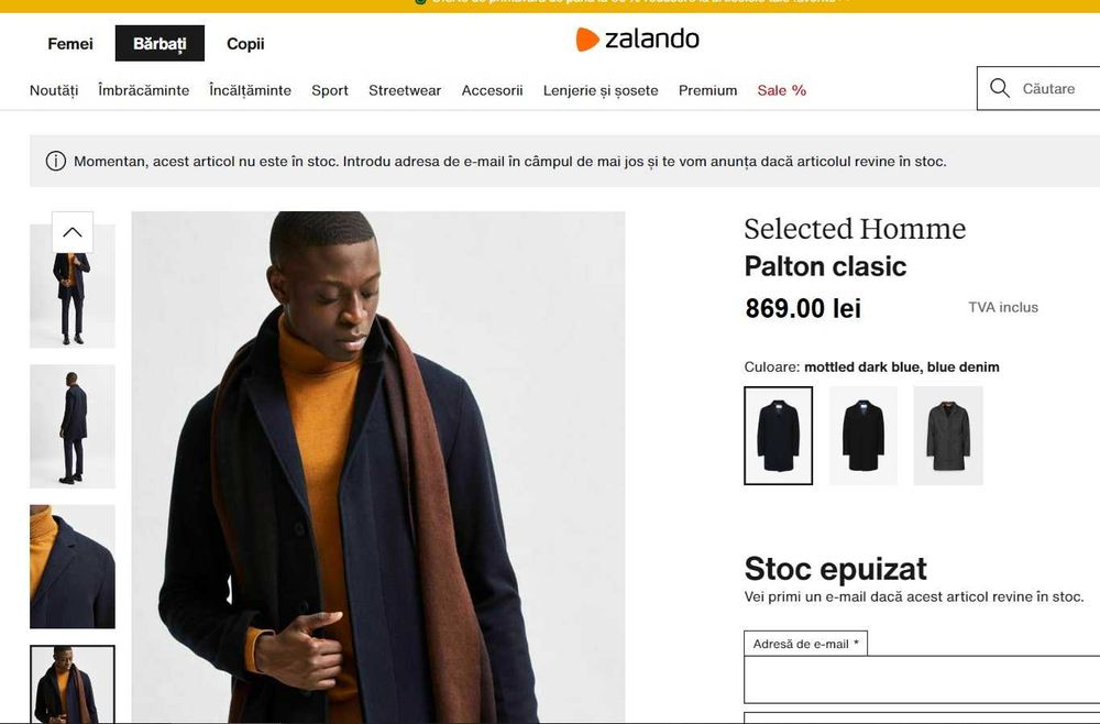 Palton slim 50 L premium Selected Homme NOU lana albastru