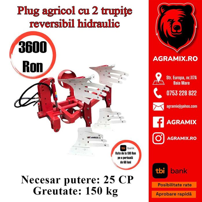 Plug agricol reversibil hidraulic cu 2 trupite nou Agramix
