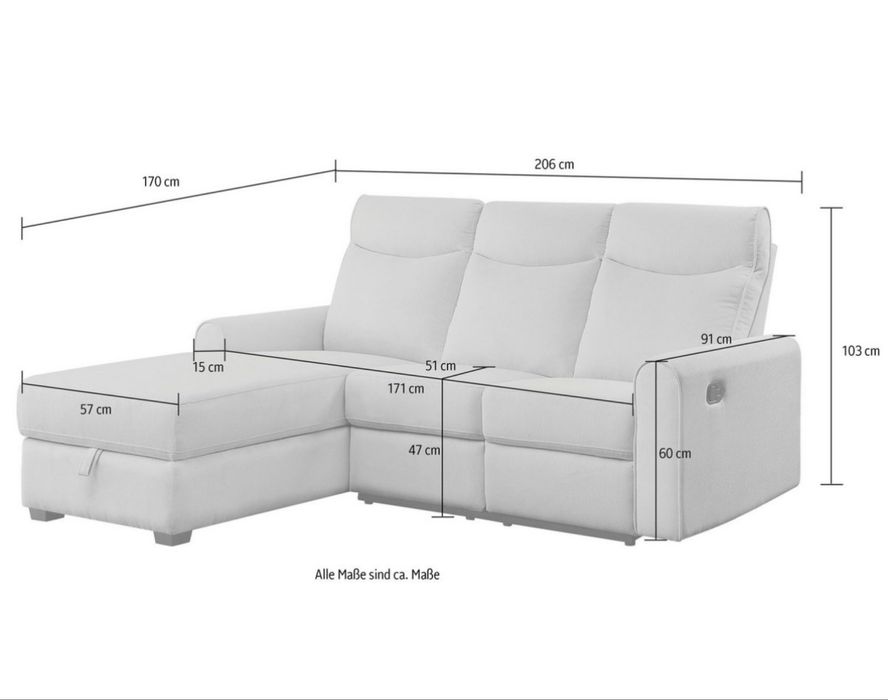 Coltar extensibil NOU cu recliner, ladă de depozitare, gri deschis