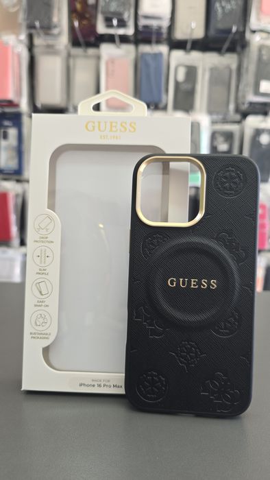 Оригинален гръб GUESS за IPhone 16 Pro Max в черен цвят с вграден MagSafe кожен стилен кейс за айфон 16 про макс