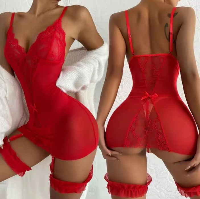 Costum Sexi , Lenjerie Sexi 3 piese / Costum cu portjartiere + tanga