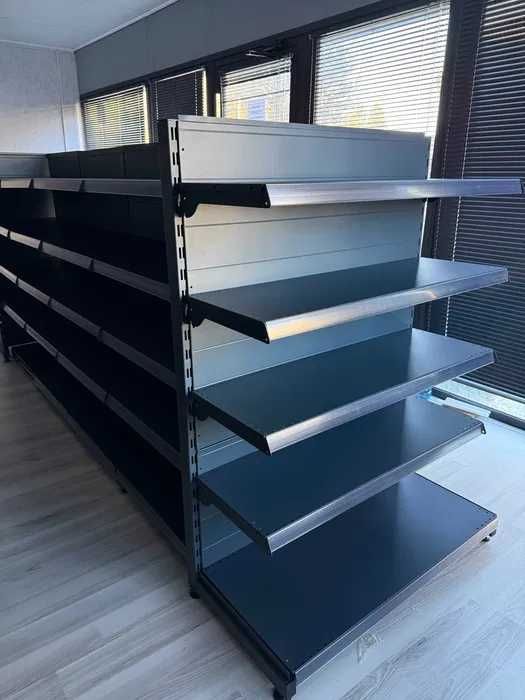 Двустранен островен стелаж за магазин с перфо гръб в тъмно сив мат