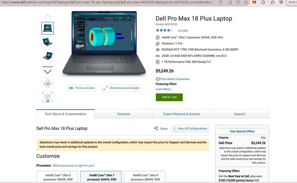 Dell Pro Max 18 Plus  NVIDIA RTX PRO 1000 32GB Ram / 1TB SSD QHD+ NOU