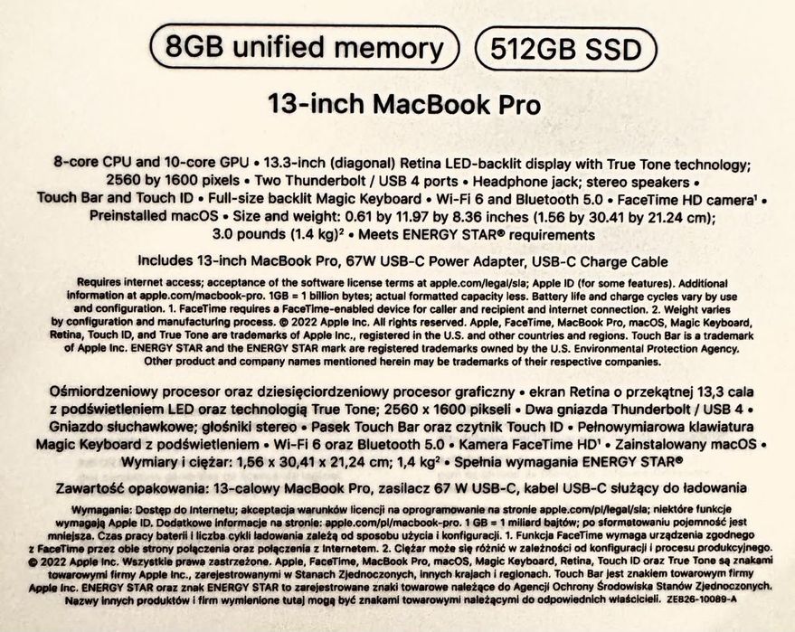 MacBook Pro 13" 2022  M2 | 8GB RAM | 512GB SSD | 91% Battery Health, Space gray