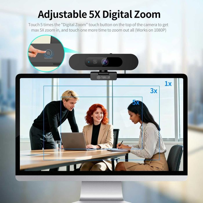 TOALLIN 4K уеб камера с WDR, AI автоматично кадриране, 5X увеличение