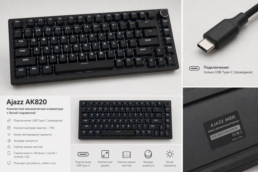 Ajazz AK820 механическая клавиатура (белая подсветка, проводная)