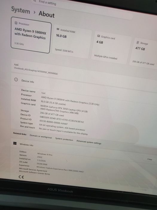 Laptop ASUS Vivobook pro 15 OLED ryzen9