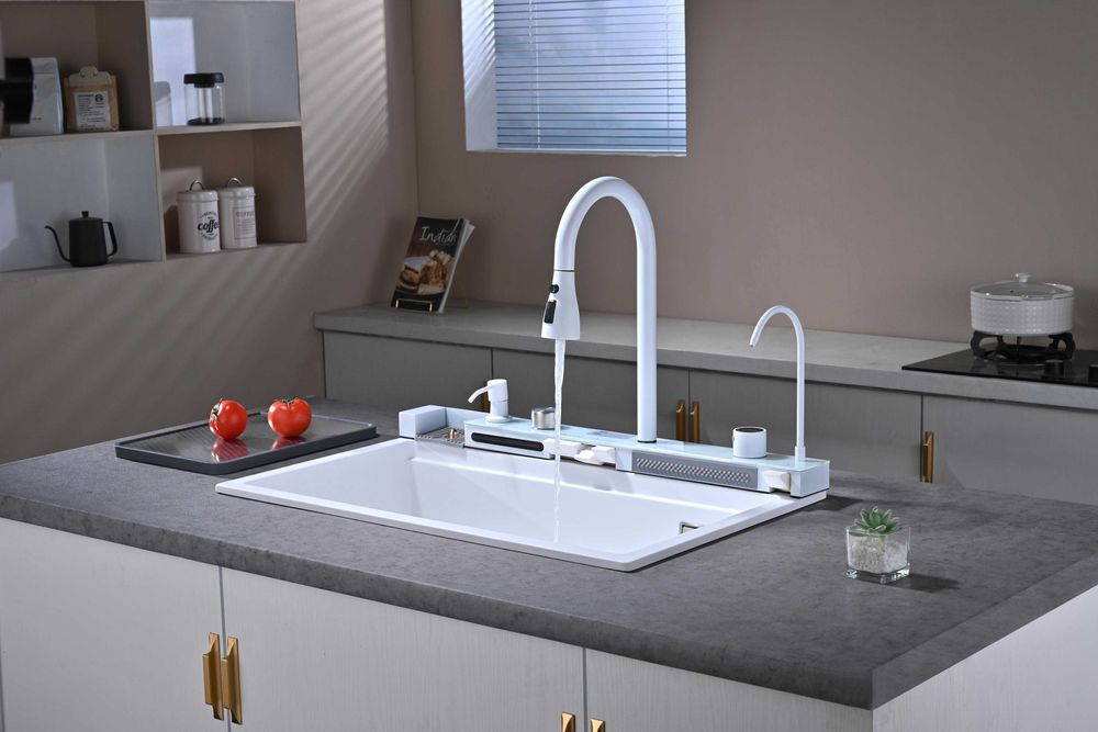 Бяла гранитна мултифункционална кухненска мивка с двоен водопад