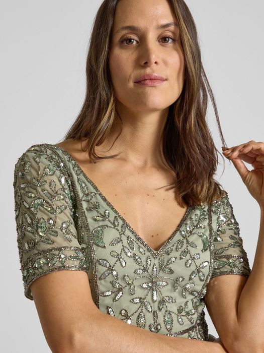 Официална рокля Lace&beads лъскава пайети и тюл зелена S рамер