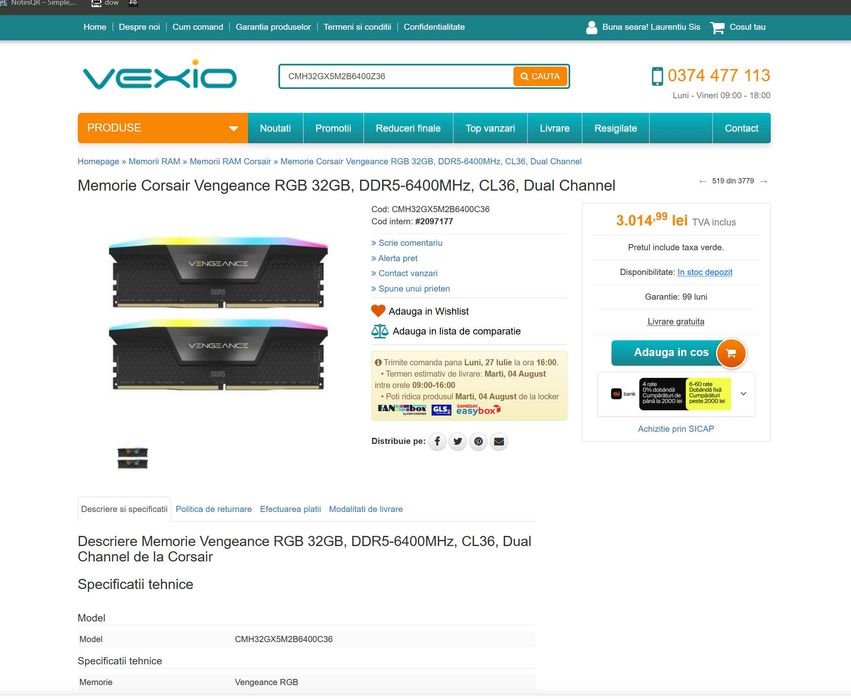 Corsair Vengeance RGB 32GB, DDR5-6400MHz, CL36, Dual ChanneL