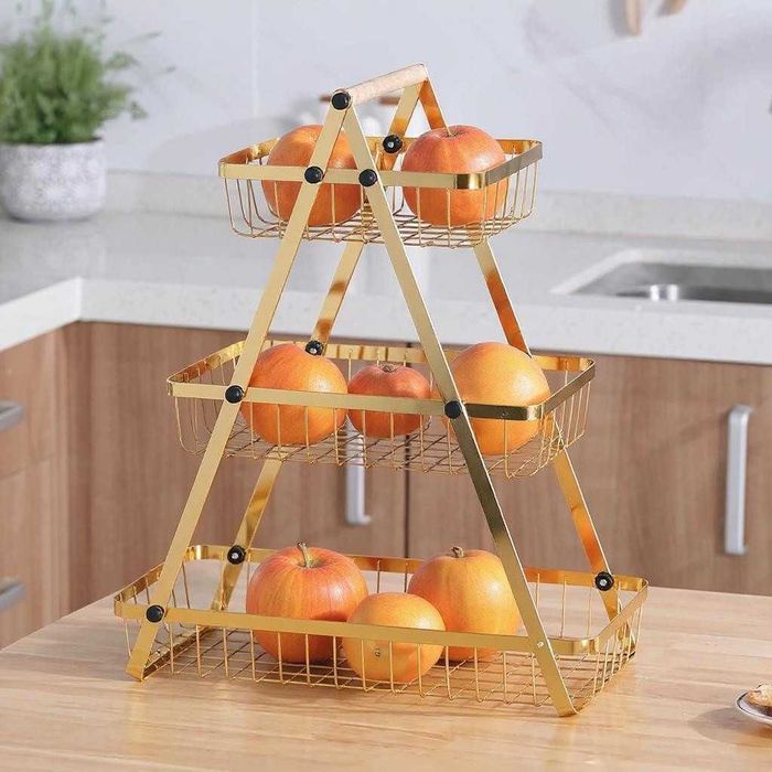 Триетажна метална поставка за плодове Cheffinger – златист дизайн