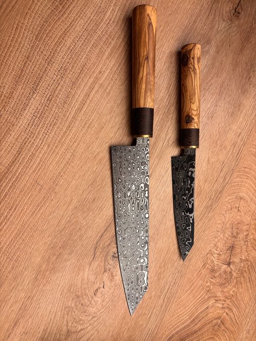 Комплект ножове дамаска стомана и маслиново дърво, ръчна изработка