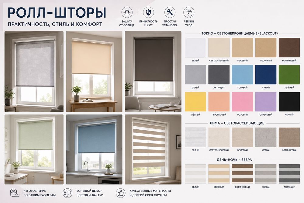 РОЛЛ-ШТОРЫ — УЮТ И КОМФОРТ В КАЖДЫЙ ДОМ !!!
Огромный выбор цветов и фа