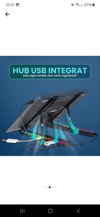 Suport pentru laptop si tableta 12-18" Timebox, Hub adaptor 3 x USB, 2