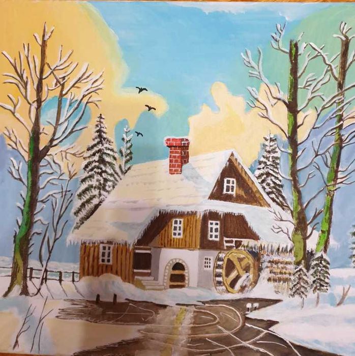 зимна картина - нарисувана на платно