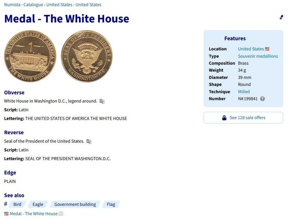 Колекционерска монета Медал  Белият дом, САЩ