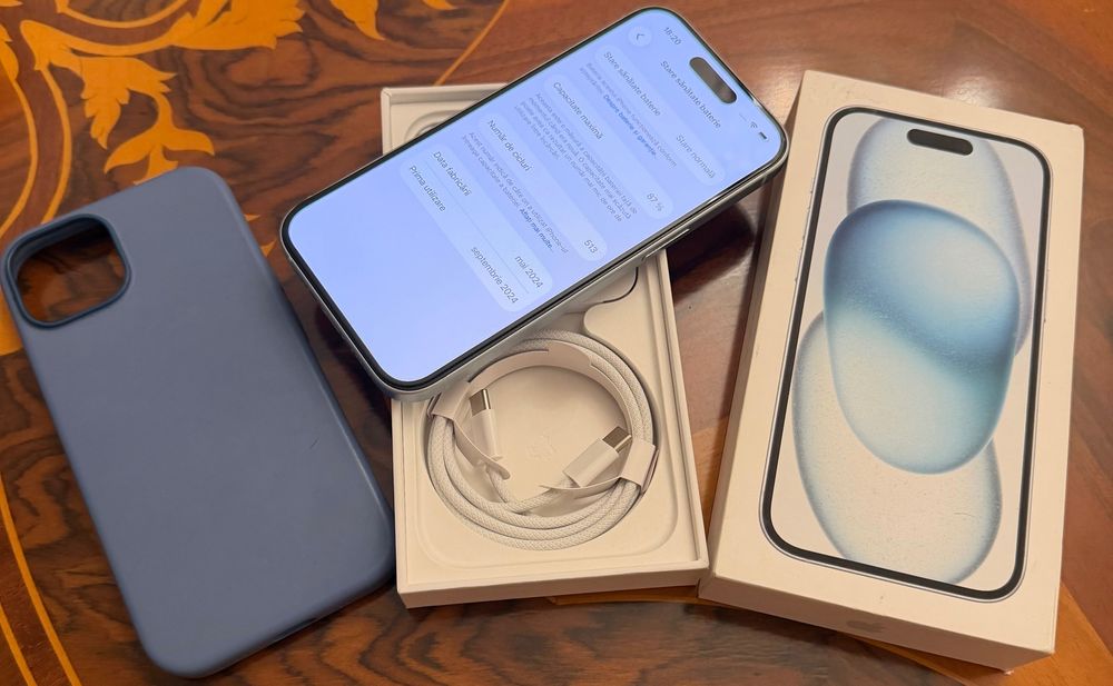 Iphone 15 Blue 128gb full box cu toate accesoriile noi 87% stare sanat