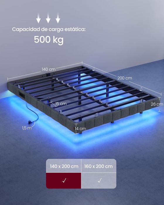 !ЛИКВИДАЦИЯ! Плаващо легло с LED осветление, 140 x 200 см, тапицирани ръбове, 2 контакта, USB-A и USB-C портове,