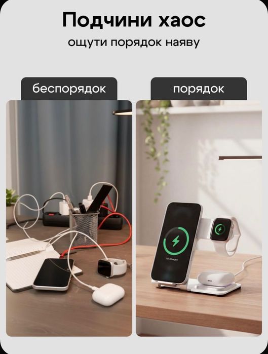 Беспроводная зарядная станция / Док станция / Быстрая зарядка / Белый
