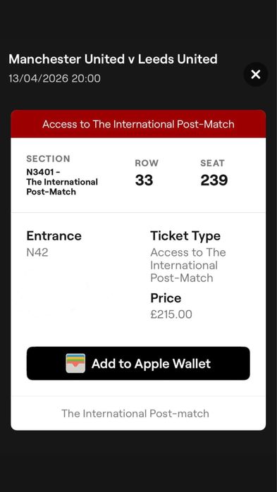 Билет за мач Манчестър Юнайтед и Лийдс/ Manchester United and Leeds