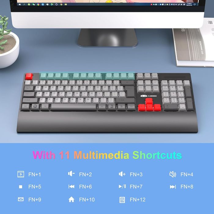 MageGee Wireless Rechargeable Gaming Keyboard with Ergonomic Wrist, RGB LED Backlit, Full Size 104-key Rest for Windows, Mac, PC, Laptop-Grey/Red