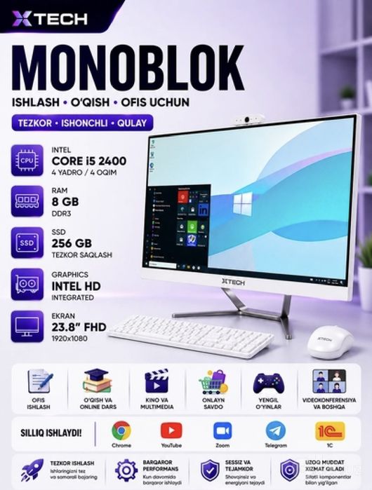 XTECH 24" monoblok — ofis, o'qish va uy uchun tayyor ish o'rni.