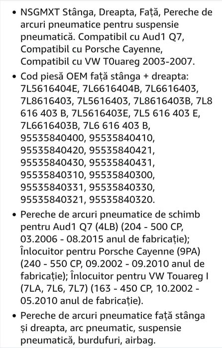 Set 2 perne aer fata Audi Q7, VW Touareg,
