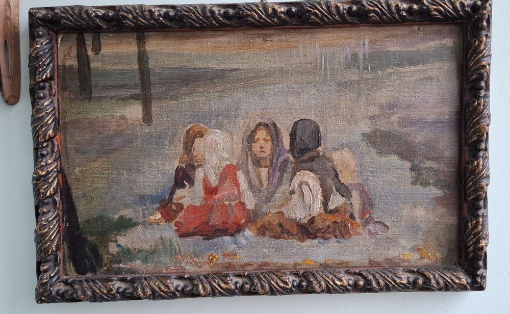 Tablou vechi, autentic, fete la sezatoare, ulei