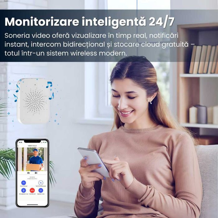 Sonerie Video Wireless Smart cu Camera HD, Panou Solar si Carcasa Protectie WiFi Detectie Miscare, Notificari, Night Vision, Water Resist, 38 Tonuri