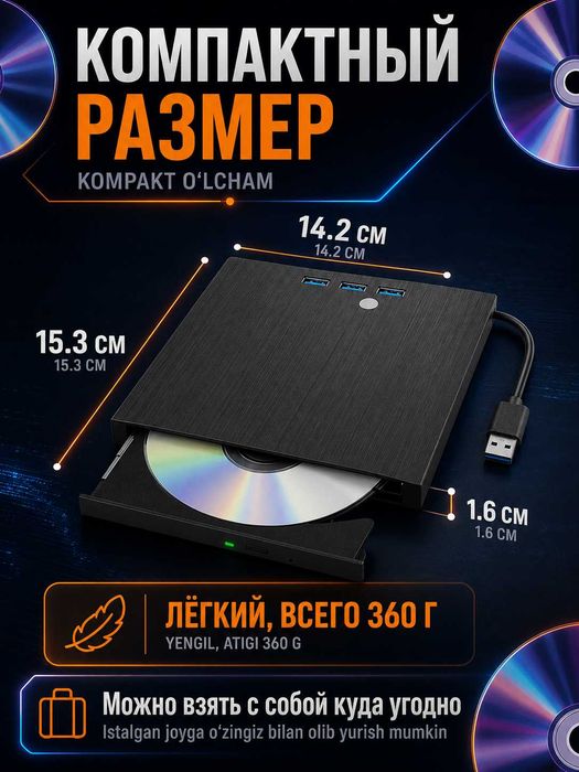 Внешний дисковод DVD-RW, DVD-ROM, CD-ROM 8в1. USB-хаб высокая скорость