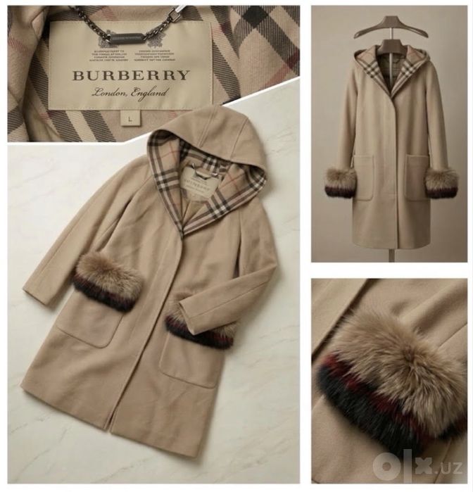 Элегантное  пальто Burberry с капюшон.