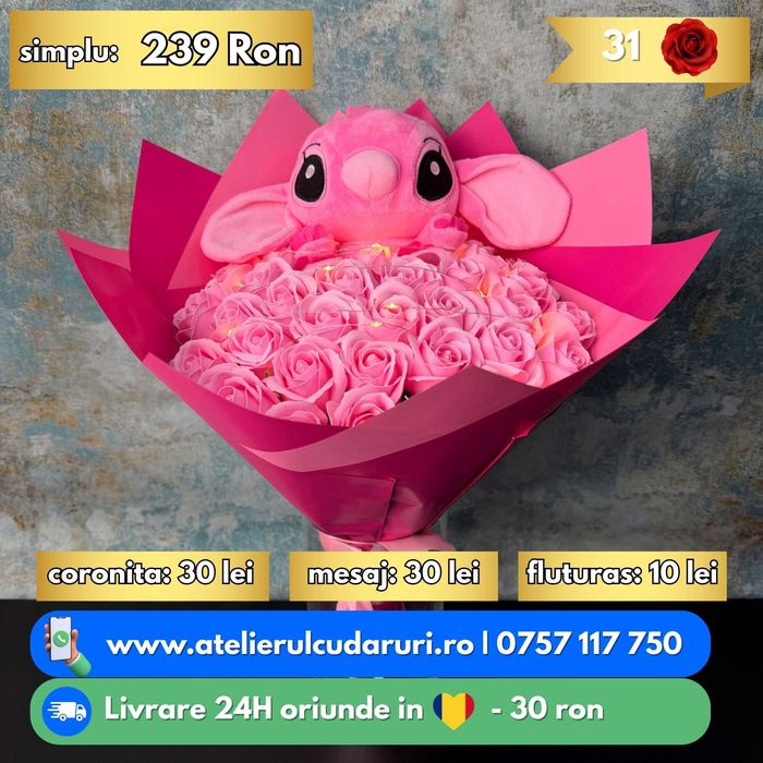 Buchete Trandafiri Sapun & Stitch & Sclipici cu Livrare