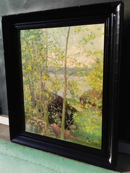 Tablou vechi - peisaj cu 2 cabane - semnat Bittar