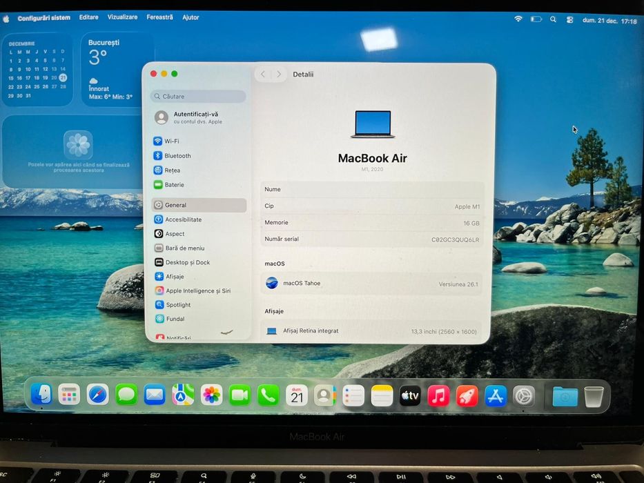 MacBook Air 13 inch 2020 M1 256gb SSD 16gb RAM 85% bat #50473