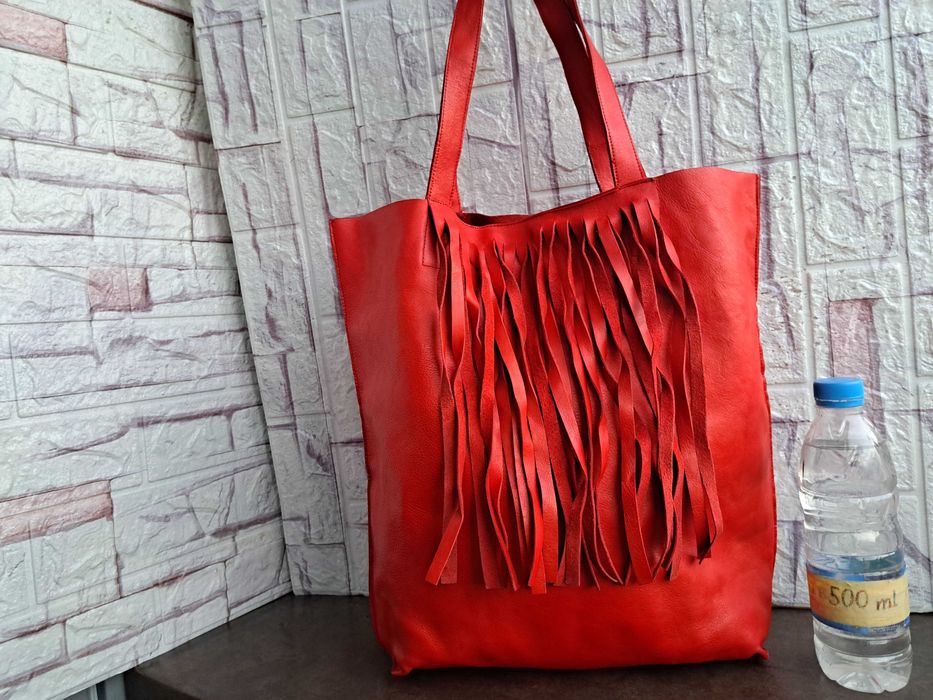 дамска кожена чанта,оранжева торба с ресни-естествена кожа